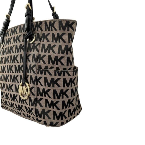 Michael Kors Jet Set Black & Tan Monogram Signature MK Tote Bag - Picture 5 of 16